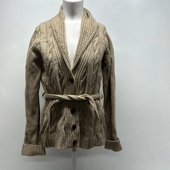 Barbour Lady Jane Cardigan Sweater Button Down Belted Cable Knit Cardi Tan UK 8 - Picture 1 of 9